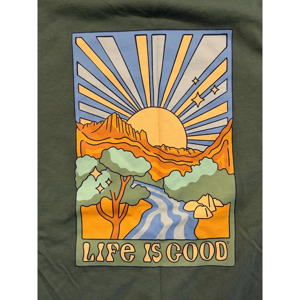 Life is Good T-Shirt Mens XXL Green Crusher Retro Stripe Mountain Graphic Tee